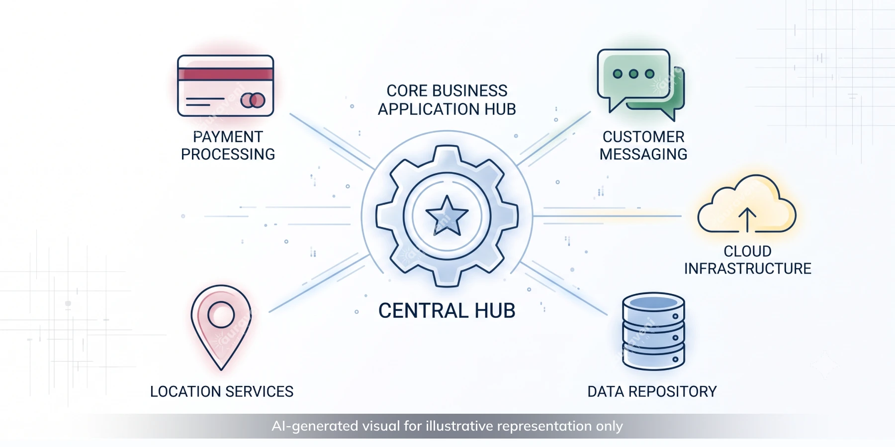 Diagram showing a central business application connected through APIs to a payment gateway, CRM, cloud database, and other third-party services