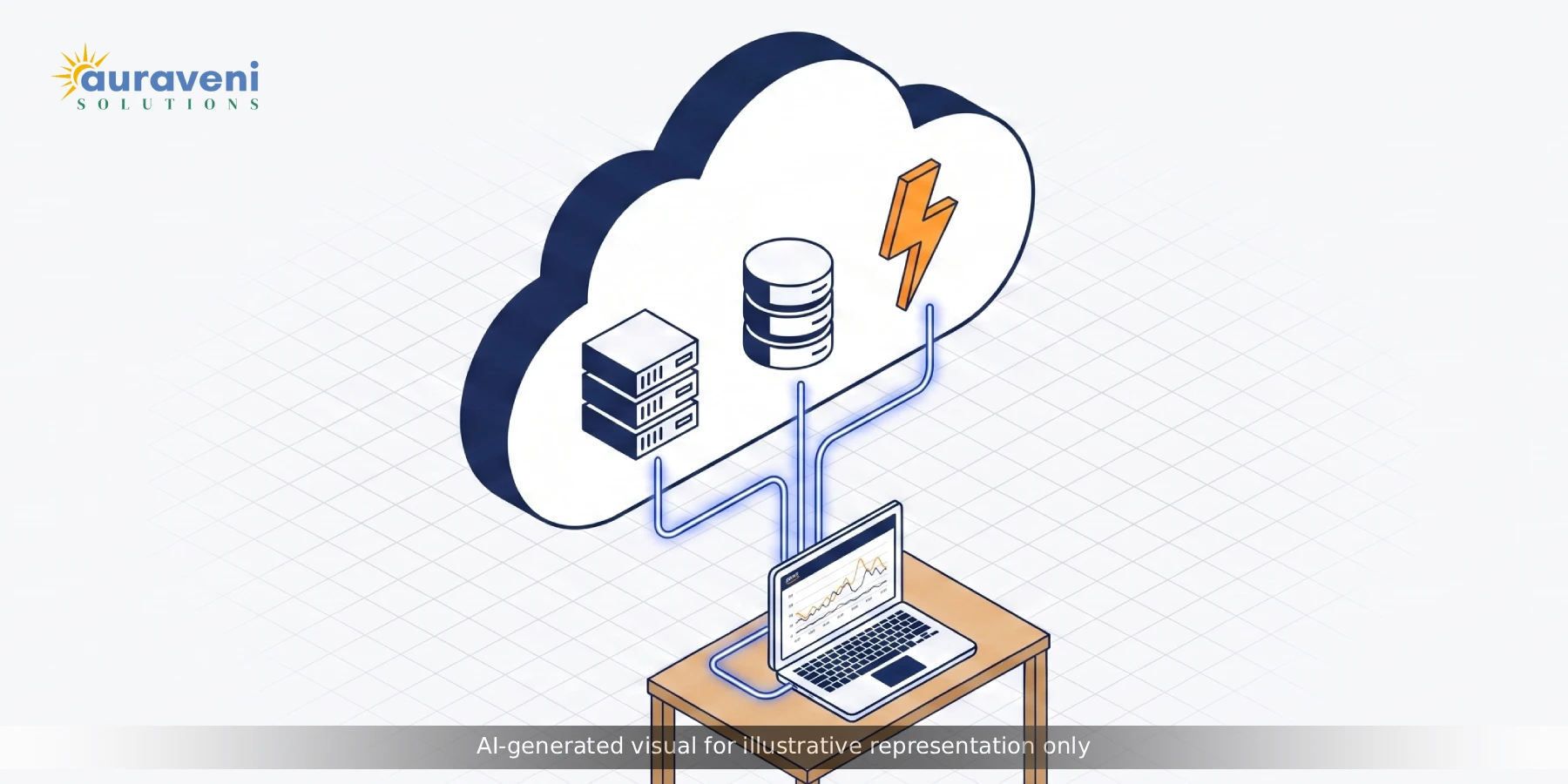 Isometric illustration of cloud infrastructure showing servers, database, and serverless functions connected to a startup's application