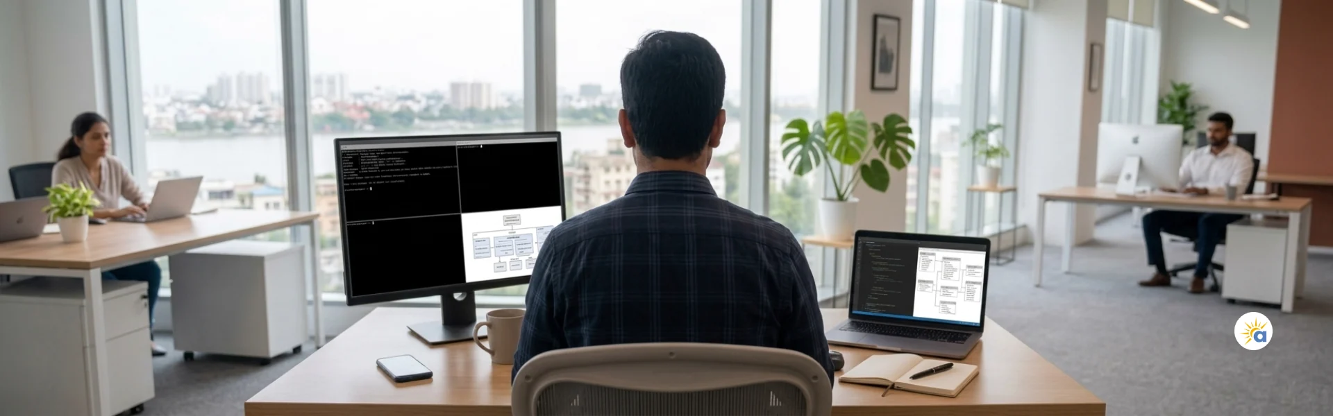 Auraveni backend developer writing server-side code and reviewing a database schema on a MacBook