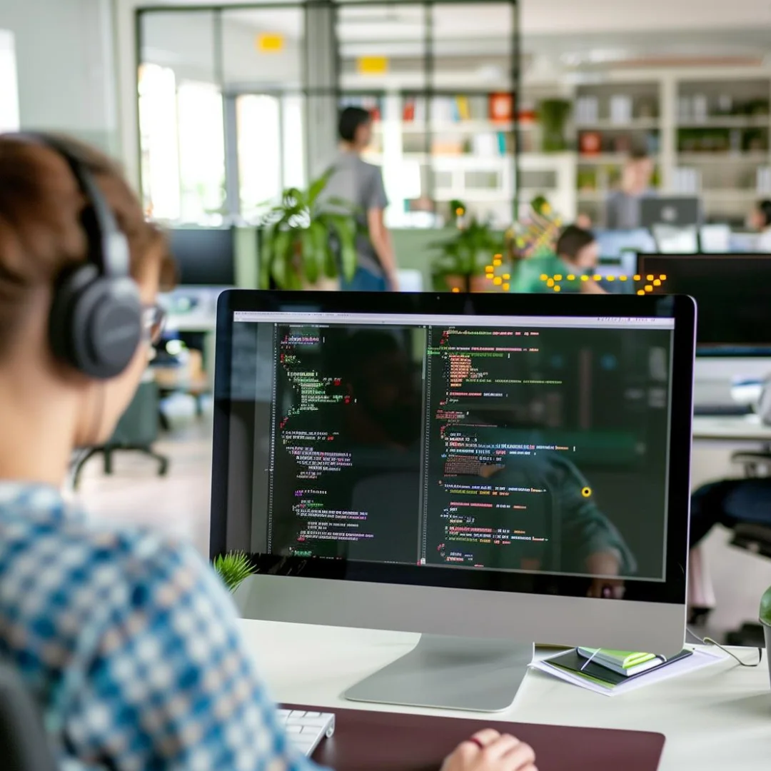 Software developer coding at Auraveni Solutions office, creating web, mobile, and CRM solutions for digital innovation.